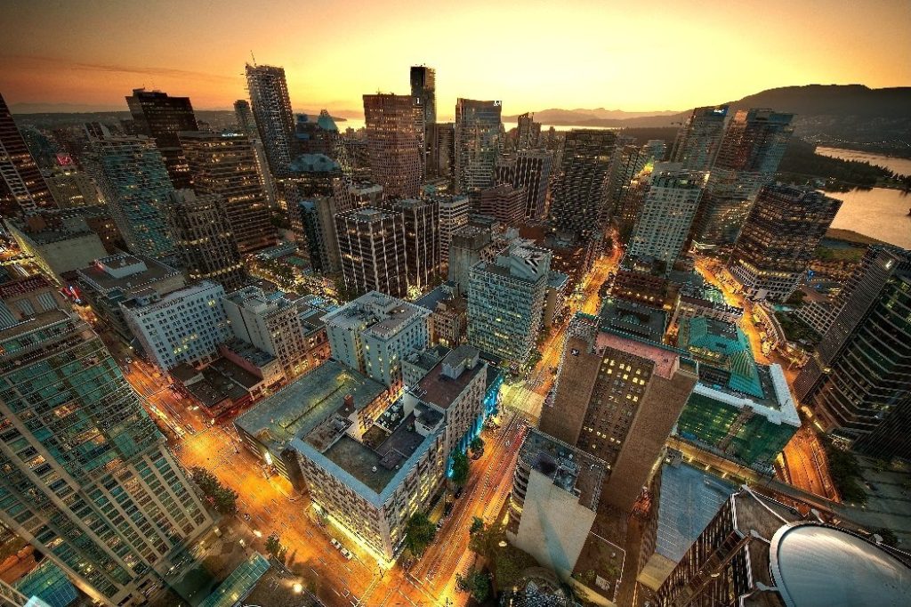 birdseye view of vancouver at sunset