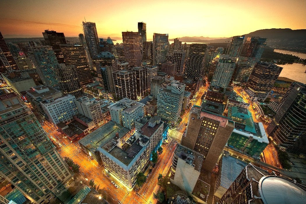 birdseye view of vancouver at sunset