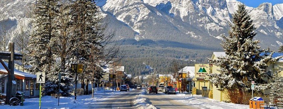 town block in winter in canmore alberta