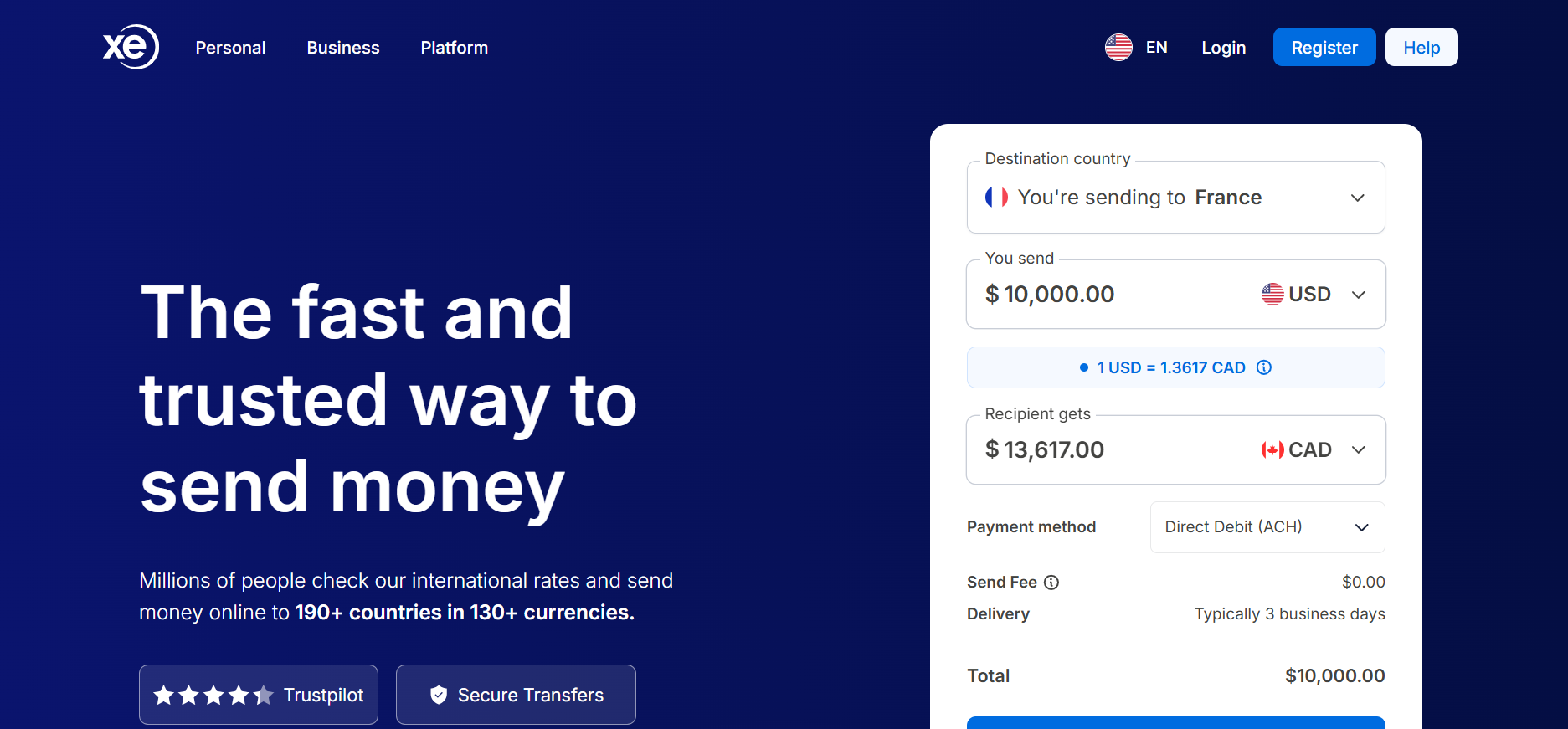 KnightsbridgeFX homepage banner showing savings on exchange rates, and a customer testimonial.