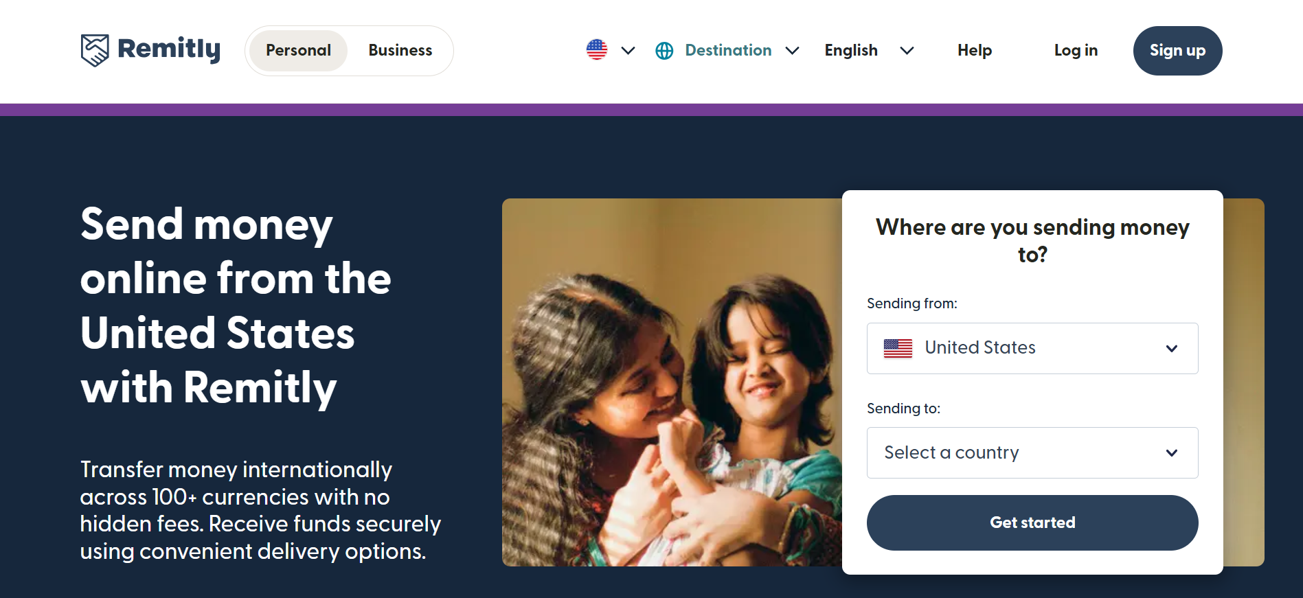 La page d'accueil de Remitly présente les transferts d'argent en ligne depuis les États-Unis, les options d'envoi international et un formulaire de sélection du pays avec un bouton «&nbsp;Commencer&nbsp;». (Source&nbsp;: Page d'accueil de Remitly)