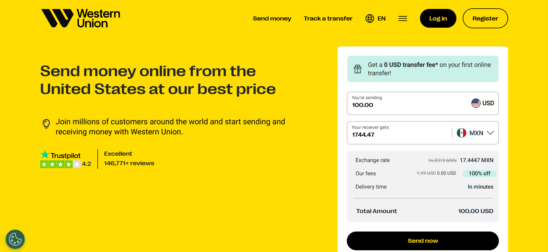 Page web de Western Union faisant la promotion des transferts d'argent en ligne, avec un bouton «&nbsp;Envoyer de l'argent&nbsp;» et un message de sensibilisation à la fraude. (Source&nbsp;: page d'accueil de Western Union)