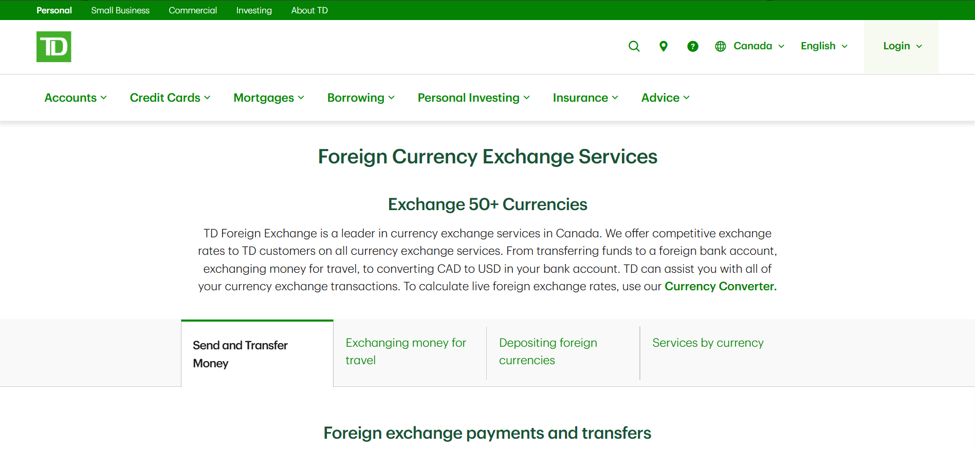 TD foreign currency exchange services page showing navigation menu, exchange options, and transfer services overview