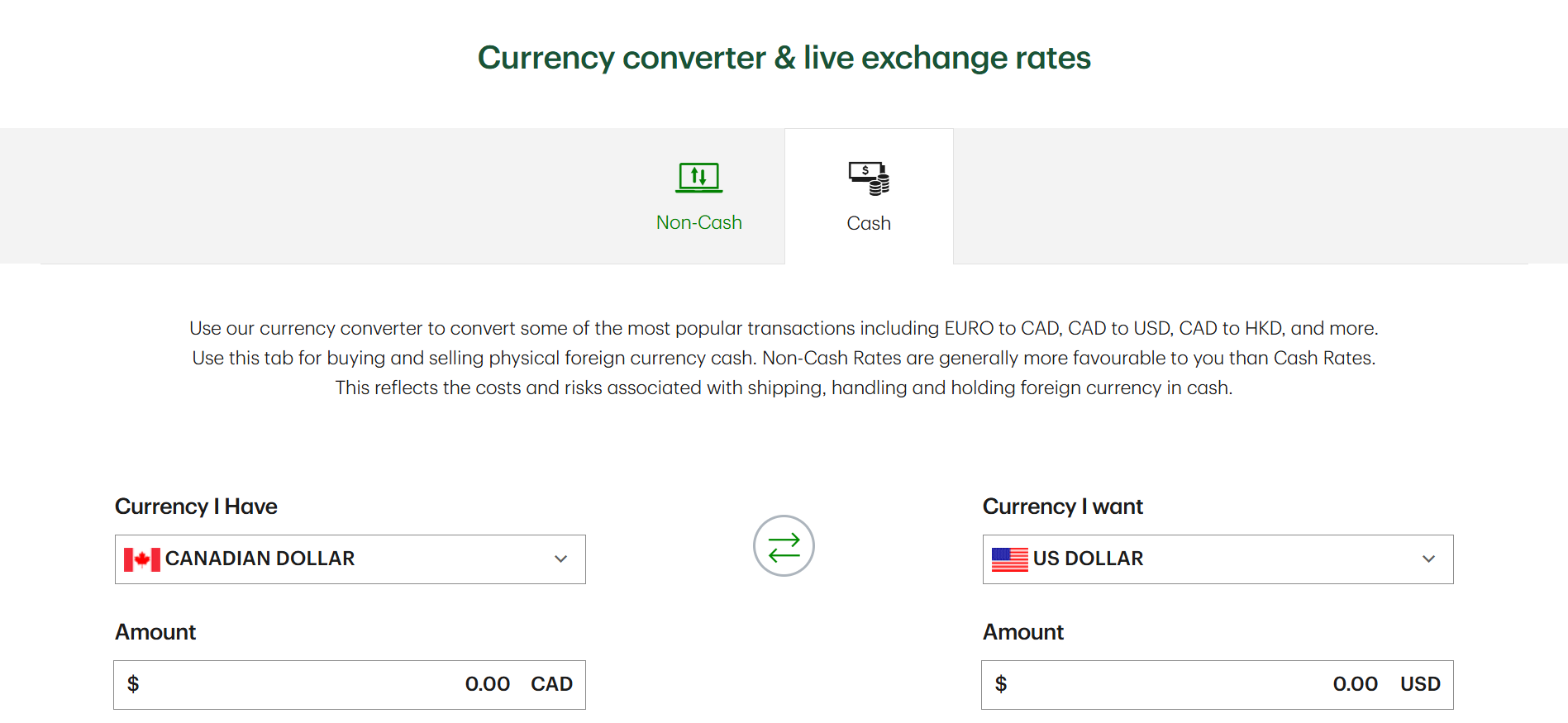 TD currency converter showing CAD to USD selection, non-cash and cash tabs, and amount input fields for exchange rates.