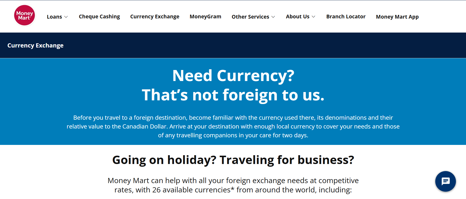 Money Mart currency exchange page showing travel currency info, rates, and foreign exchange services for customers. (Source: Money Mart’s Currency Exchange Page)