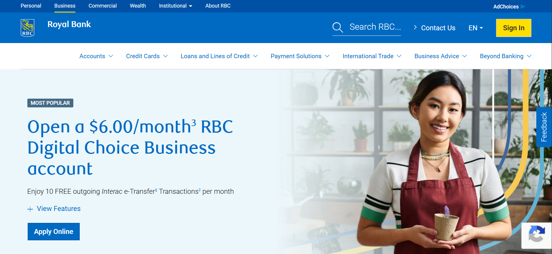 RBC business account webpage showing $6 monthly plan, smiling shop owner, navigation menu, and apply online button. (Source: RBC’s Business Page)