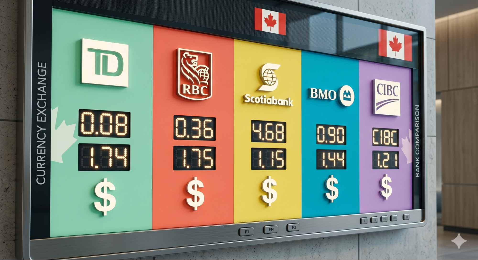 A multi-colored display board showing the current exchange rates of major Canadian banks (Source: Gemini)