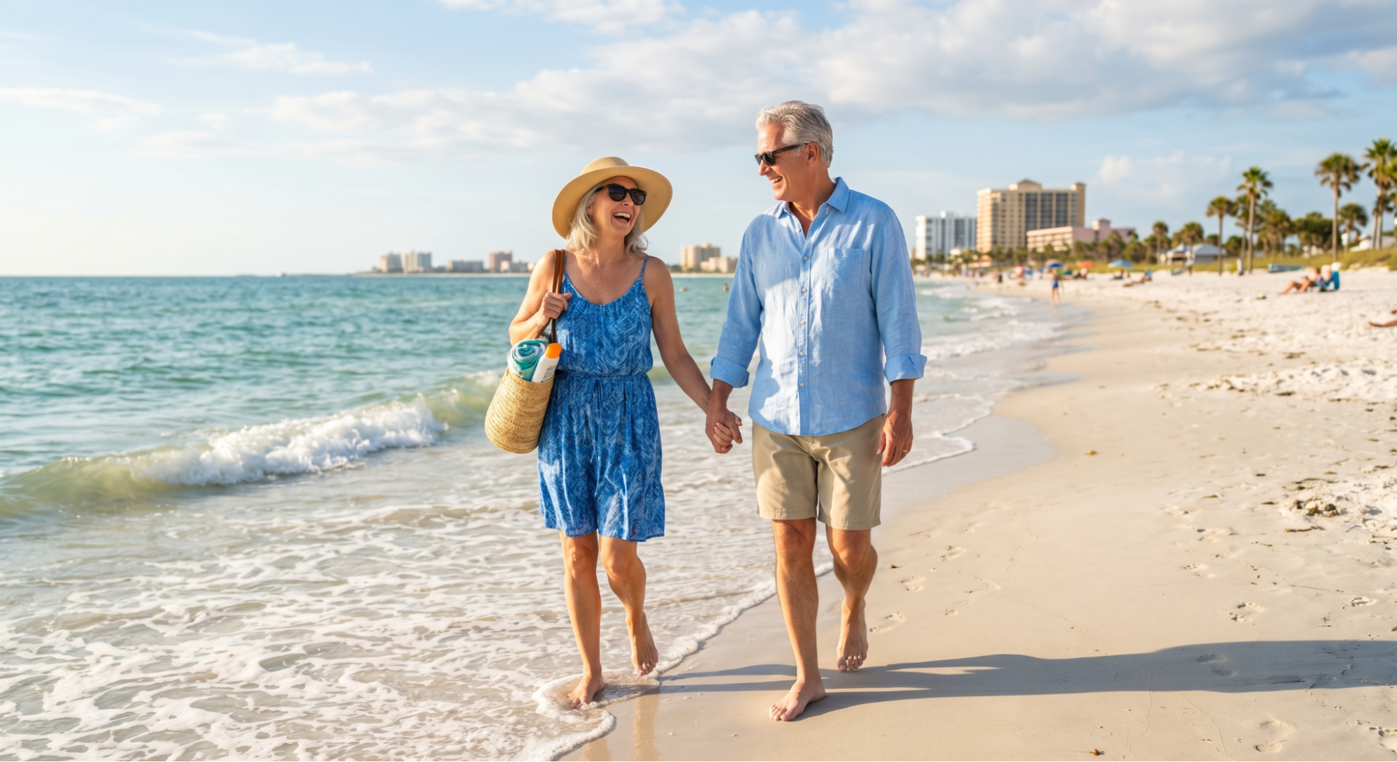 Older adult husband and wife walking and holding hands on the beach (Source: Gemini)