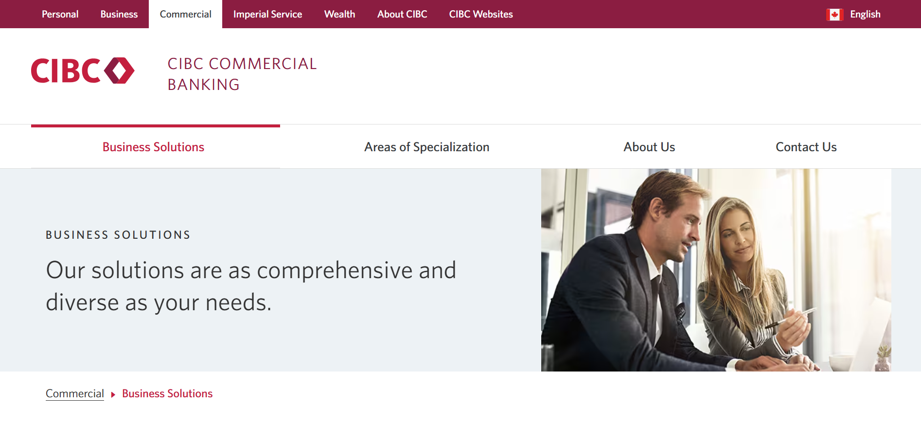 CIBC Commercial Banking webpage with business solutions text, navigation menu, and professionals reviewing documents. (Source: CIBC Commercial Banking webpage)