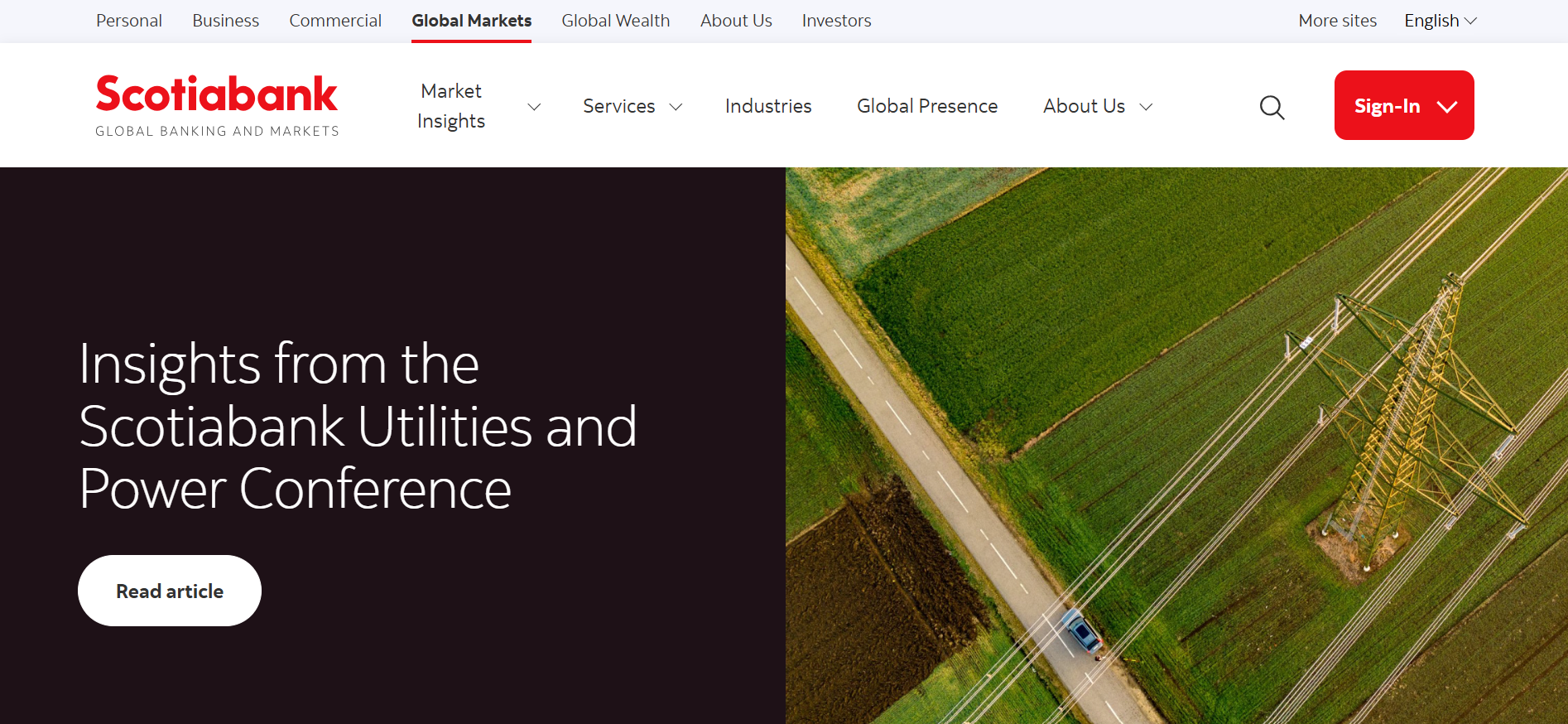 Scotiabank Global Markets page with utilities conference insights, power lines over farmland, and sign-in navigation. (Source: Scotiabank Global Markets page)