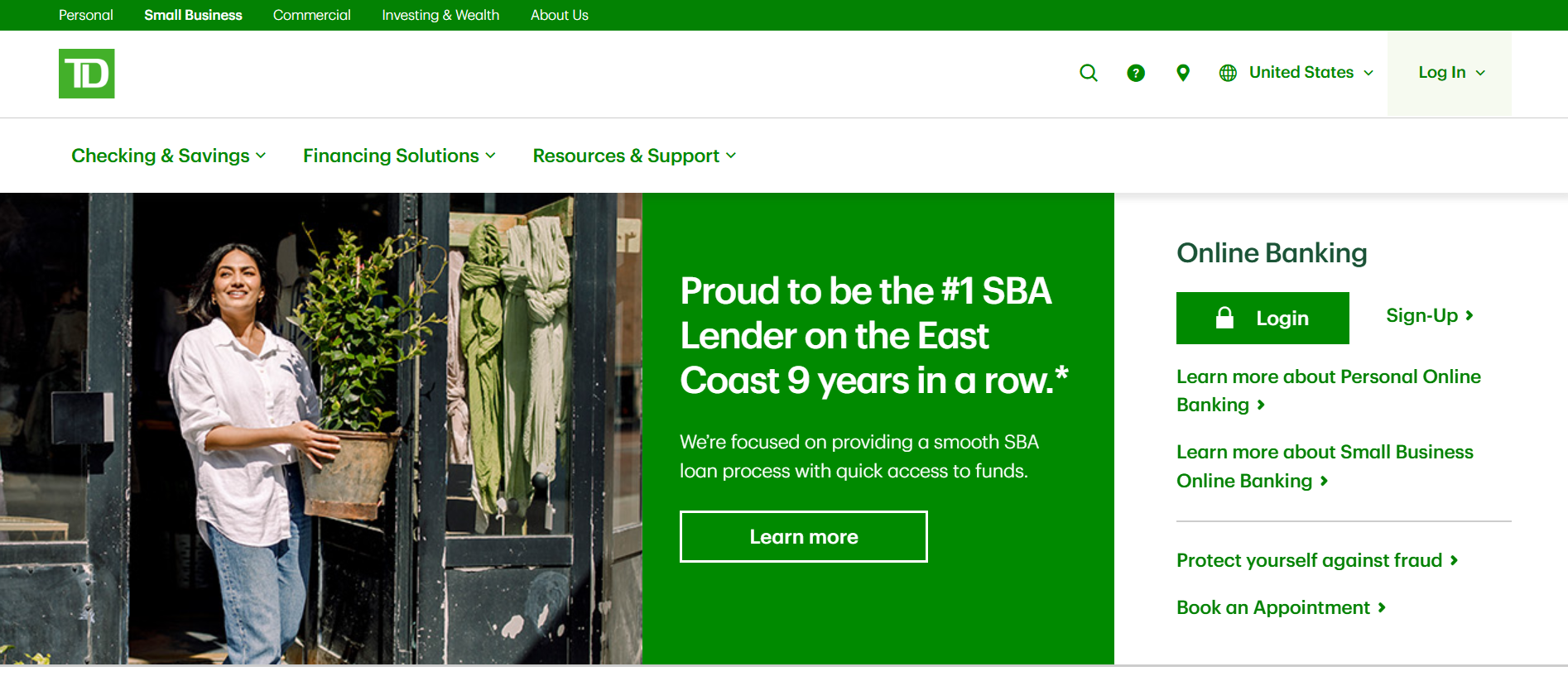 TD Bank small business webpage with SBA lending promo, shop owner holding plant, login panel, and navigation menu. (Source: TD Business Page)