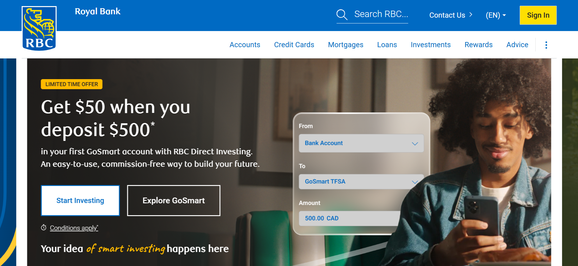 RBC ad offers $50 for depositing $500 into a GoSmart TFSA account with RBC Direct Investing online.
