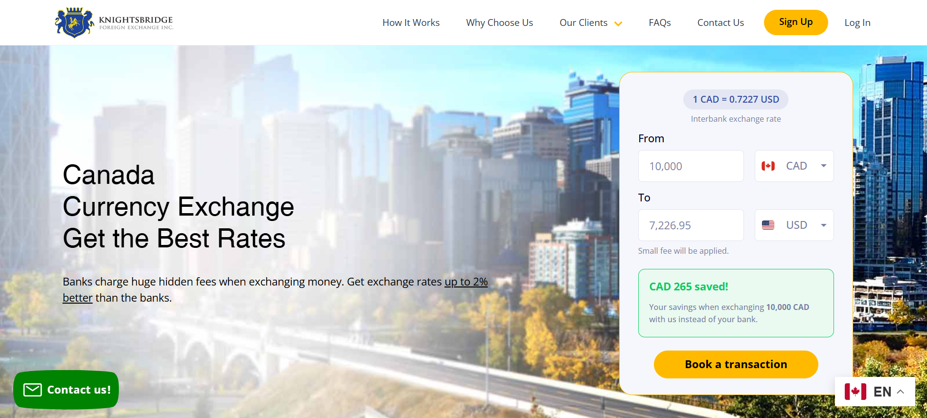 Knightsbridge Foreign Exchange homepage showing Canada to USD converter and savings on currency exchange service!