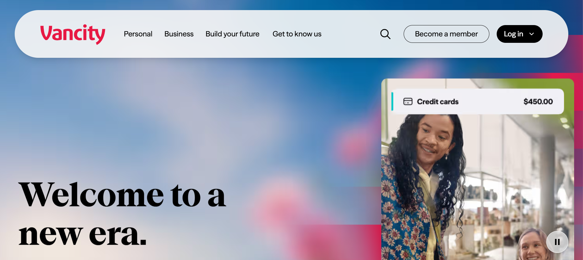 Vancity homepage featuring navigation menu, member login, and welcome banner with shopping scene image