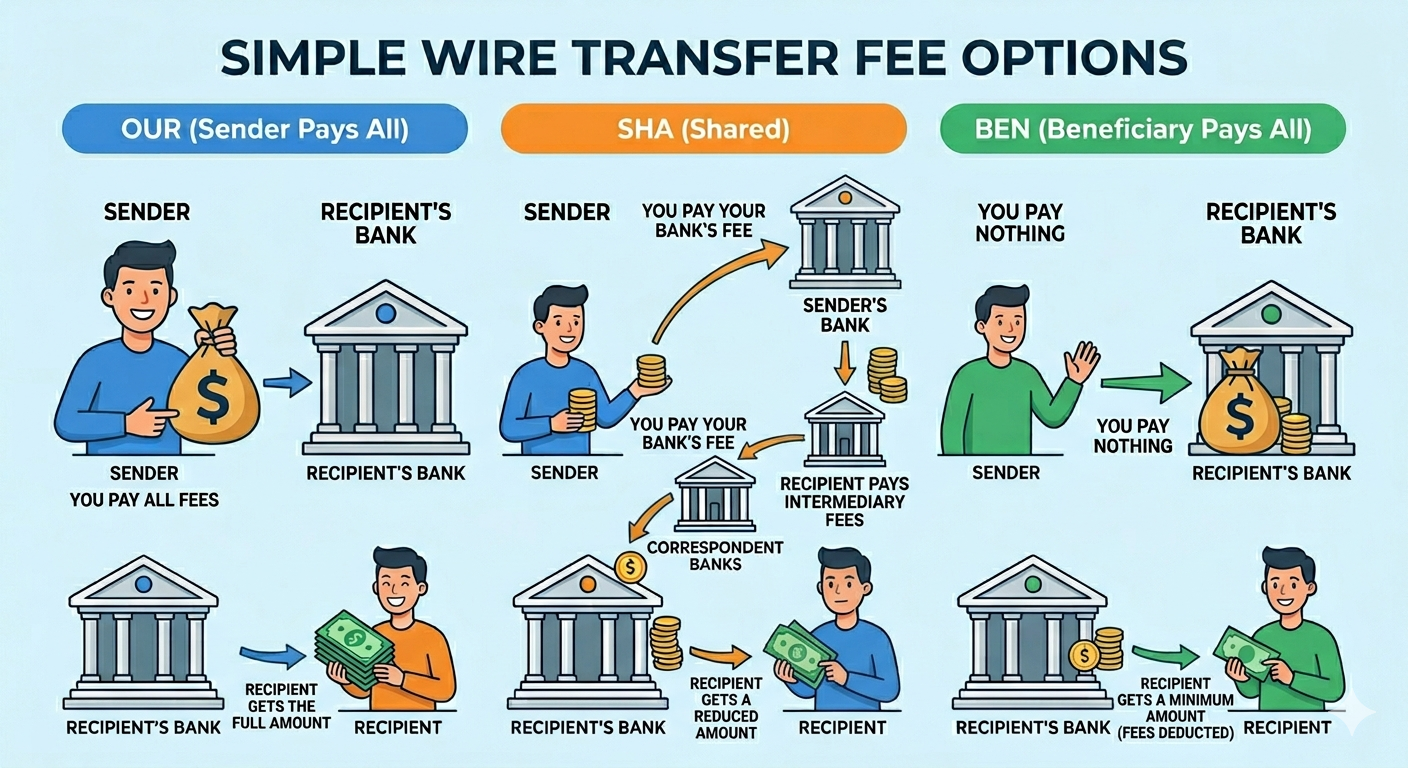 An infographic visually breaking down the process differences between OUR, SHA, and BEN