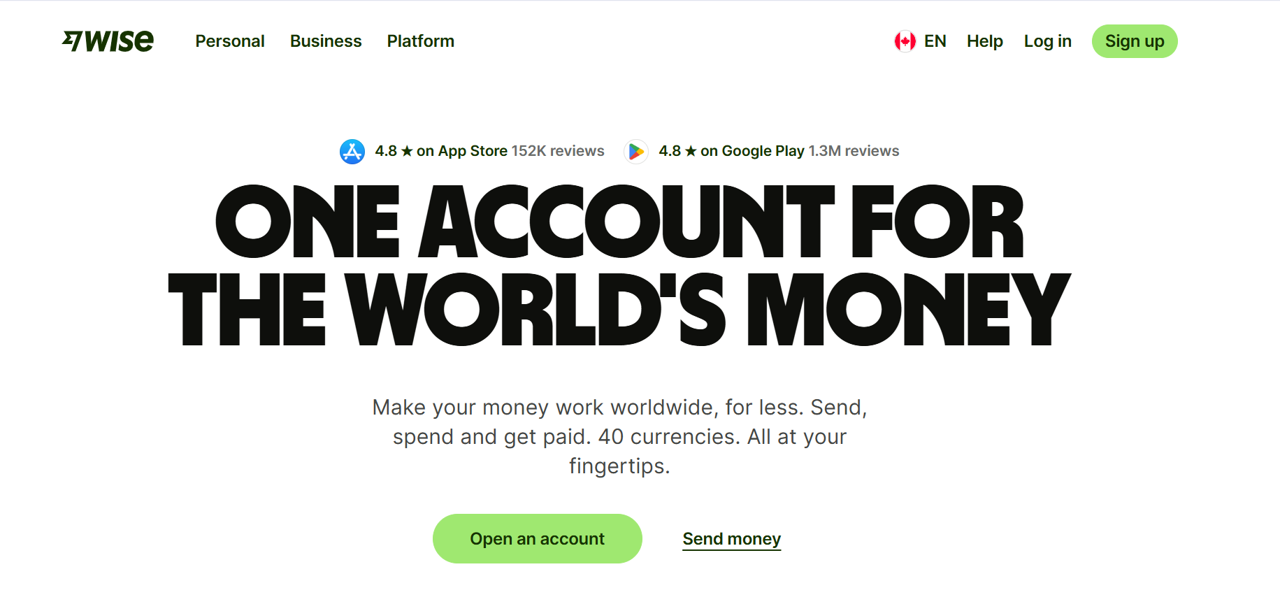 Wise homepage promoting global money transfers, multi-currency accounts, and international payment services worldwide