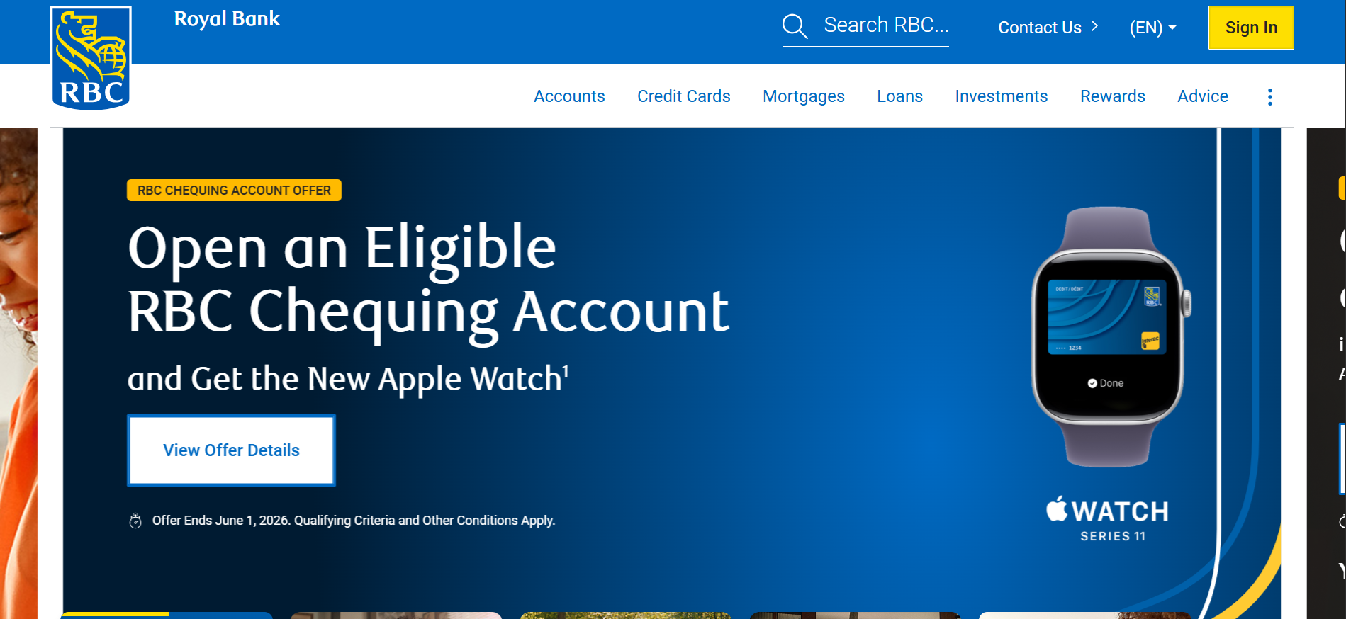 RBC webpage promoting a chequing account offer with a free Apple Watch Series 11 for new customers in Canada