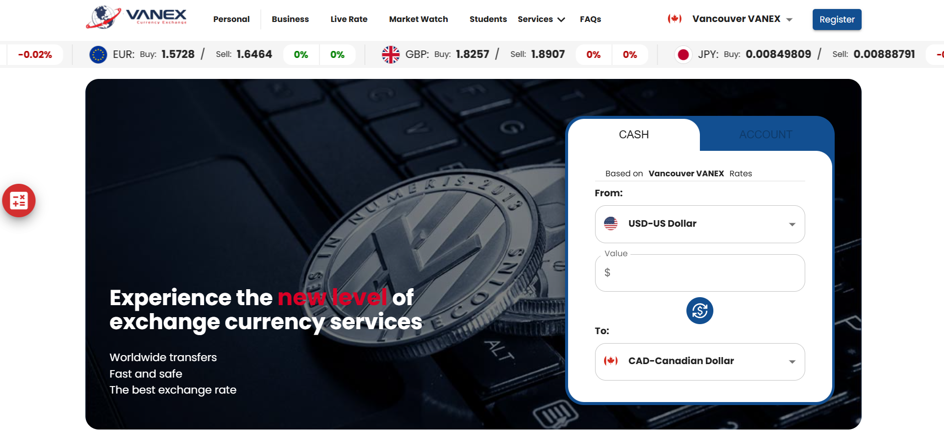 VANEX currency exchange homepage showing live rates, crypto coin image, and USD to CAD converter tool