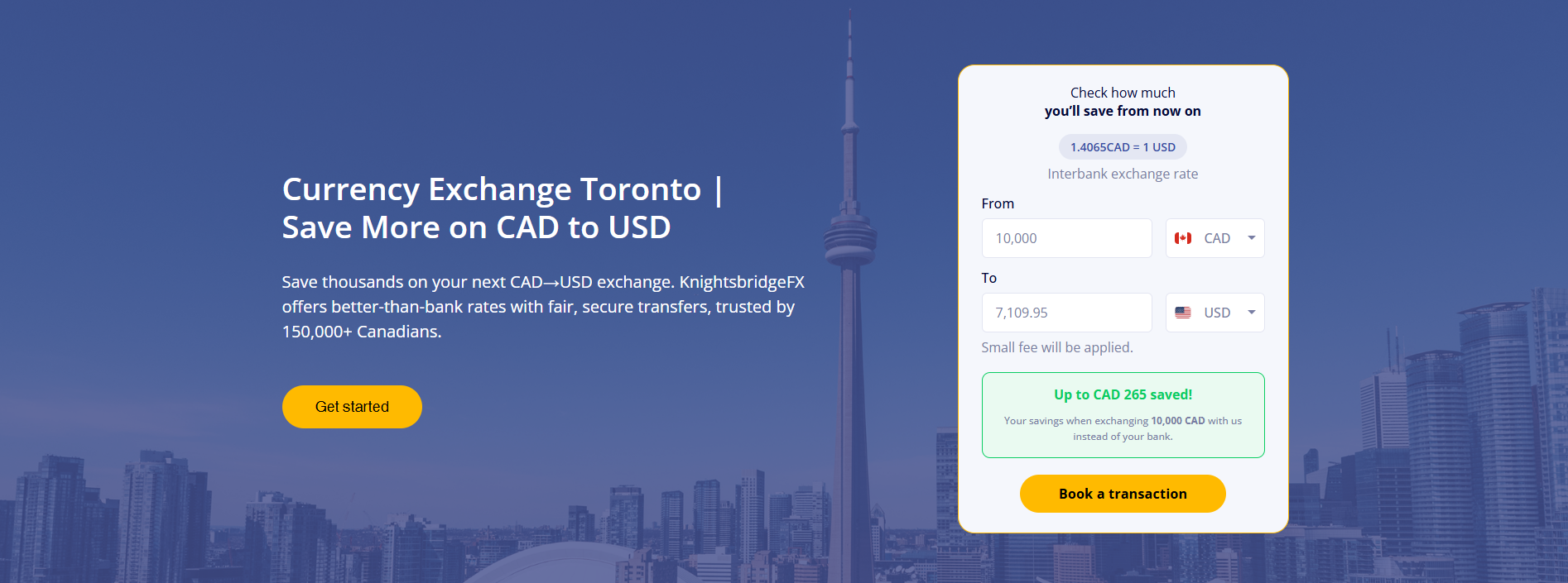 Canada currency exchange website homepage with Toronto skyline background, exchange rate calculator, savings banner, and CTA.