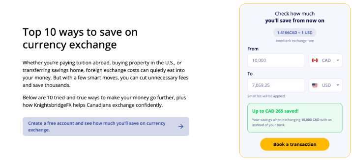 KnightsbridgeFX currency calculator converting 10,000 CAD to USD, showing savings of up to $265 compared to a bank