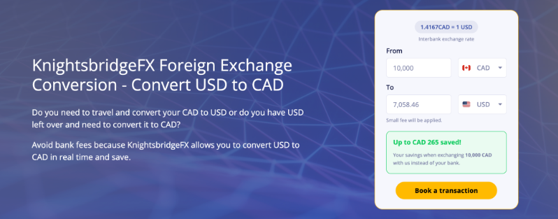 KnightsbridgeFX CAD to USD currency conversion calculator showing savings compared to bank exchange rates