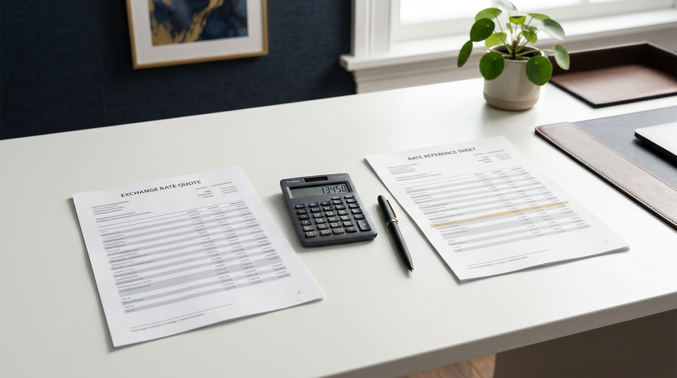 Two printed exchange rate quotes side by side on a desk with a calculator
