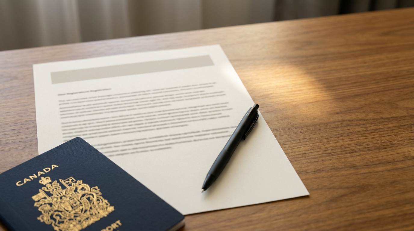 Printed government registration document on a desk beside a Canadian passport and a pen