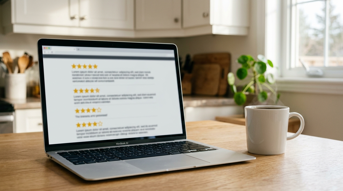 Laptop on a kitchen table showing a blurred review page, coffee cup beside it