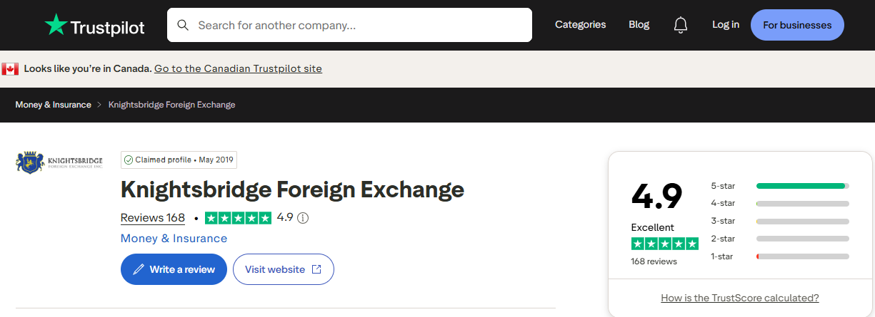 Knightsbridge Foreign Exchange Trustpilot profile showing 4.9 out of 5 from 153 reviews on 16 September 2026